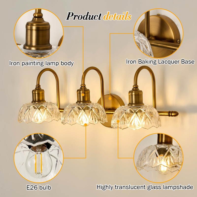 UOFUS Gold Vintage Vanity Light 3 Lights Bathroom Lighting Fixtures