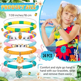 Landical 24 Pcs Aloha Hawaiian Friendship Bracelets, Bohemia Plumeria Rubra Tropical Flower Heishi Surfer Beaded Stretch Summer Bracelets for Aloha Tropical Birthday Summer Beach Pool Party Favors