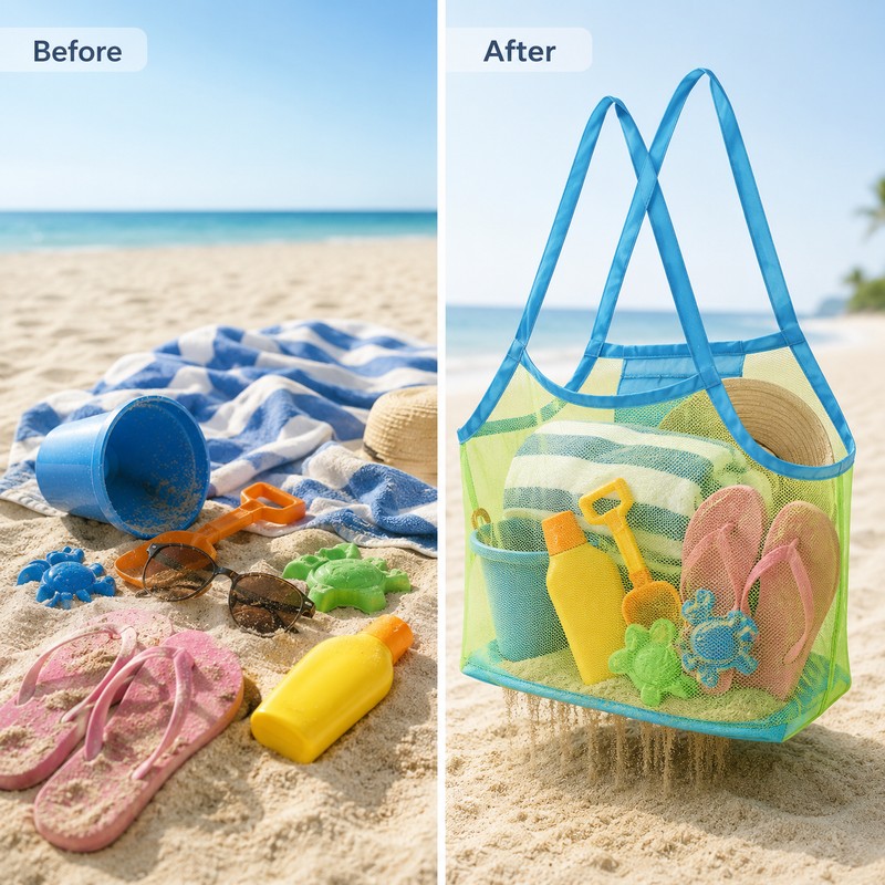 Portable Mesh Beach Bag for Kids’ Toys – Anti-Sand Large-Capacity