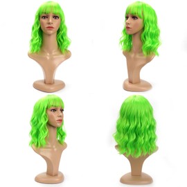 Leuik Bob Wig for Women|Short Wig Curly Wig for Women|Synthetic Bob Wig With Bangs for Daily Use (Neon Green)