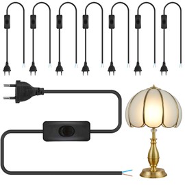 Pack of 8 Power Cable with Plug and Switch, 1.80 m Black Connection Cable with Euro Plug, H03VVH2-F2 x 0.75 mm², for Lights, Lamps, Bulbs