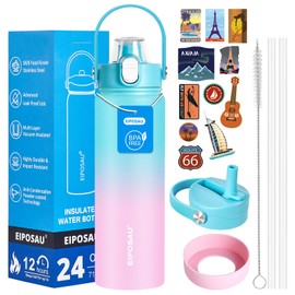 Insulated Water Bottle with Lid & Boot & Stickers, 24 oz Stainless Steel Sweat Free Bottle Keep Cold 24H, BPA-Free Sports Wide Mouth Water Bottle, CyanPink