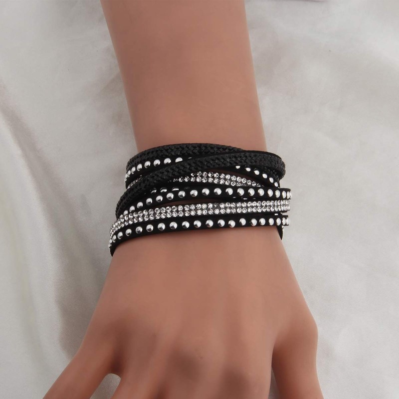 KUIYAI Wrap Leather Bracelet with Bling Bling Crystal Rhinestones and