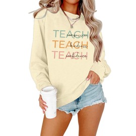 MOUSYA Colorful Retro Teacher Sweatshirt Women Teach Compassion Kindness Confidence Shirts Casual Long Sleeve Pullover Tops Apricot