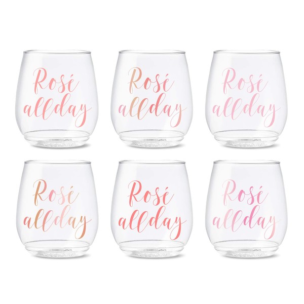 TOSSWARE POP 14oz Vino Rosé All Day Series, SET OF 6, Premium Quality, Recyclable, Unbreakable & Crystal Clear Plastic Printed Glasses