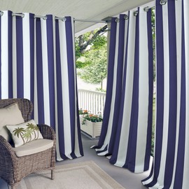 Elrene Home Fashions Indoor/Outdoor Patio Gazebo Pergola Cabana Stripe Grommet Top Single Panel Window Curtain Drape, 50 Inch Wide X 84 Inch Long, Navy (1 Panel)