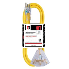 EP 6 Ft 12 Gauge Heavy Duty Extension Cord, 15A 125V 1875W, 3 Outlet Indoor/Outdoor Power Cord with Lighted End, 12/3 SJTW Weatherproof Yellow, UL Listed