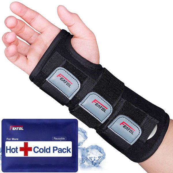 FEATOL Wrist Brace Carpal Tunnel, Night Support Brace with Wrist Splint, Adjustable Straps, Hot/Ice Pack, Hand Brace for Women and Men, Right Hand, Medium/Large, Tendinitis, Arthritis, Pain Relief