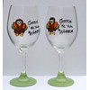 2 Green Gobble Til You Wobble Turkey Wine Glasses