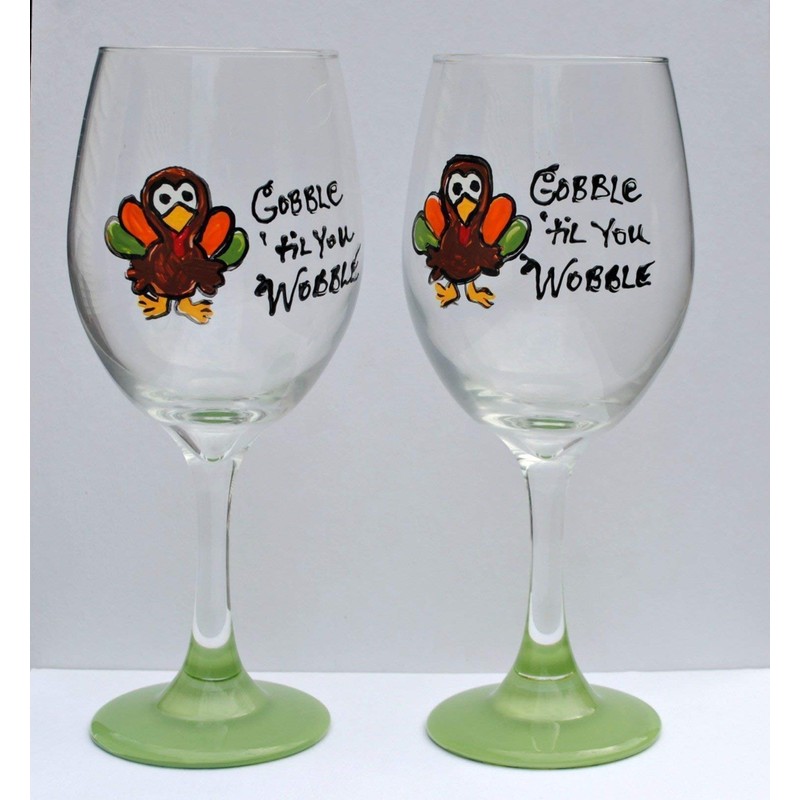 2 Green Gobble Til You Wobble Turkey Wine Glasses