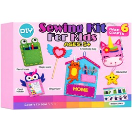 Kids Sewing Kit for Beginners Toys Arts and Crafts - 6 DIY Sewing Projects with Pre-Punched Fabric, No Glue, Safe Plastic Needle, Creative and Fun Birthday Holiday Gift Ideas for Girls Boys Ages 5-12