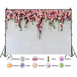 7X5ft Fabric White Brick Wall with Flowers Backdrop Wedding Bridal Shower Birthday Party Theme Photography Background Party Showers Decoration