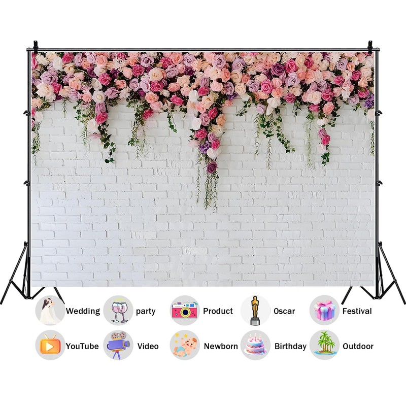 7X5ft Fabric White Brick Wall with Flowers Backdrop Wedding Bridal