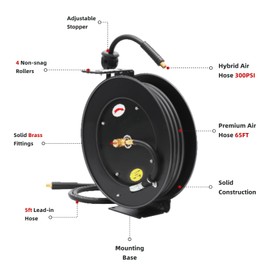 Txecpro Retractable Air Hose Reel, 3/8 IN x 65 FT Hybrid Air Hose Max 300 PSI, Air Compressor Hose Reel with 5 ft Lead in, Ceiling/Wall Mounted Air Hose Reel,Heavy Duty Air Tool