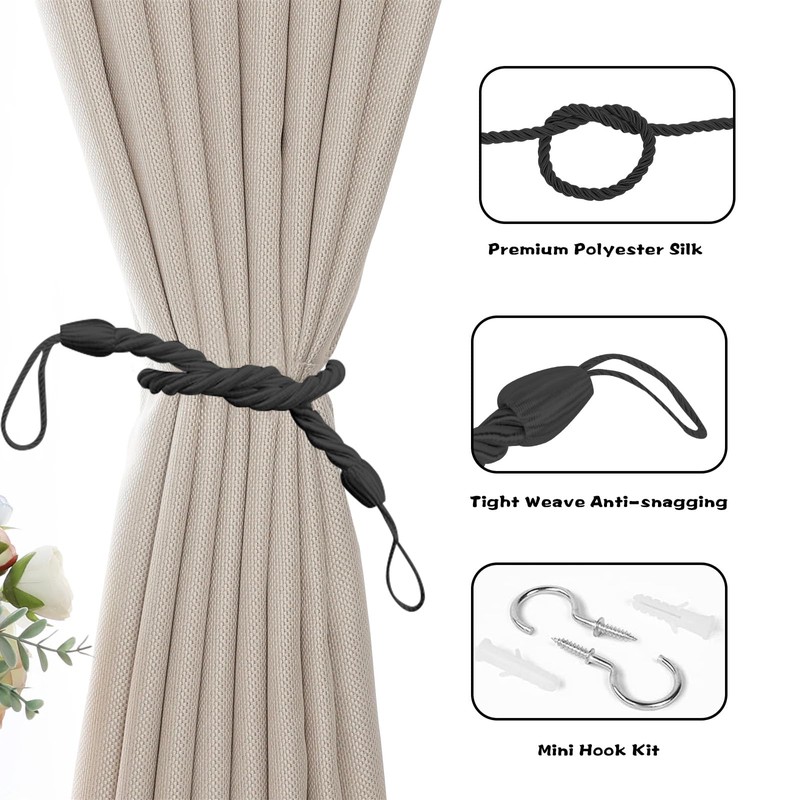 Lollanda 4Pcs Rope Curtain Tiebacks, Drape Tie Backs for Curtain,