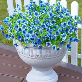 florisso Artificial Fake Plants Flowers for Outdoor Outside Summer Decoration, 12 Bundles Faux Silk Blue Daisy UV Resistant Look Real for Porch Patio Home Yard Garden Planter