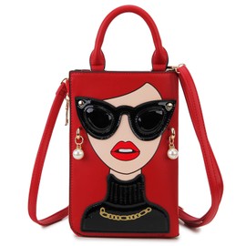 ENJOININ Women Novelty Lady Face Shoulder Bags Funky PU Leather Top Handle Satchel Handbags Clutch Purse for Women (Red Black)