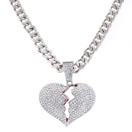 metaltree98 XXL Hip Hop Men's Iced Broken Heart Pendant 30" Heavy Cuban Chain Necklace HC 6049 (Silver Tone)