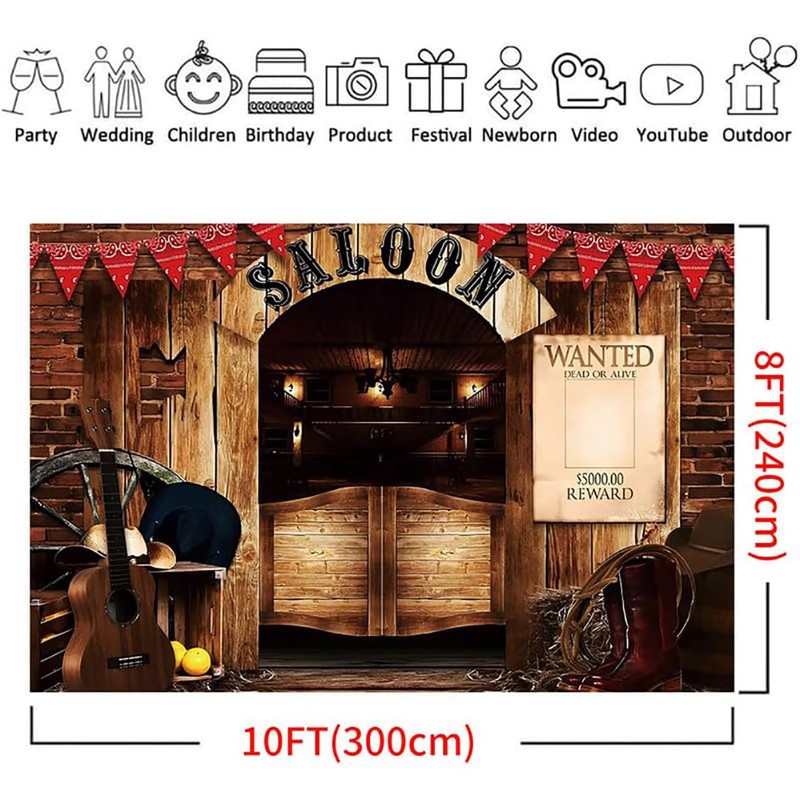 GKLEASG 10x8ft Western Saloon Backdrop, Cowboy Wild West Wood Barn