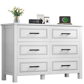 YITAHOME 6-Drawer Dresser with Built-in Power Outlet, Wood Dresser TV Stand with 6 Large Drawers and Bar Handles, White Dresser Chest of Drawers for Living Room, Hallway, Entryway