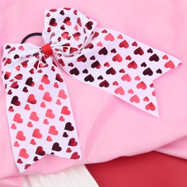 Valentine's Day Cheer Hair Bow Ties with Elastic 7 Inch Love Heart Ribbon Cheer Hair Bows Hair Tie Ponytail Holder White Red Heart Hair Accessories for Women Girls for Valentines Party