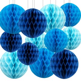 SIPRKAICT Blue Paper Honeycomb Balls,12 Pack Hanging Tissue Pom Poms for Birthdays,Weddings,Fiesta,Home Party Decoration(Light Blue,Sky Blue,Royal Blue)