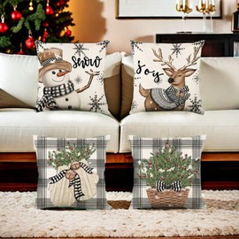 Whiosyrt Christmas Pillow Covers Christmas Snowman Reindeer Gloves Eucalyptus Throw Pillow Covers 18 x 18 Inch Winter Holiday Stripes Cushion Case Decoration for Sofa Couch Set of 4