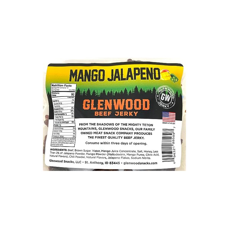 Glenwood Beef Jerky Mango Jalapeno 10 Ounce Resealable Bag -