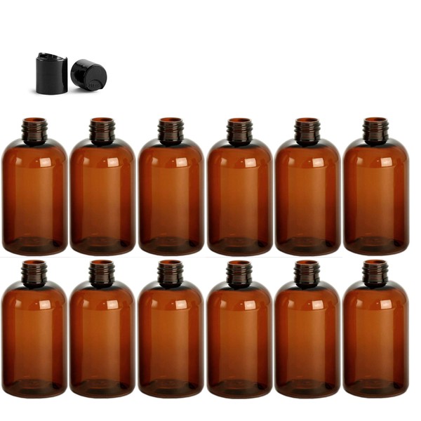 Premium Essential Oil 4 Ounce Boston Round Bottles, PET Plastic Empty Refillable BPA-Free, with Black Press Down Disc Caps (Pack of 12) (Amber)