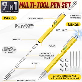 Tirmrin Novelty Gifts 9 in 1 Pens for Men, Multi Tools Pen EDC Unique Gadget as Christmas, Valetentine's Day, Father' Day, Birthday Pens Gifts for Dad, Boyfriends (Yellow-Nine)