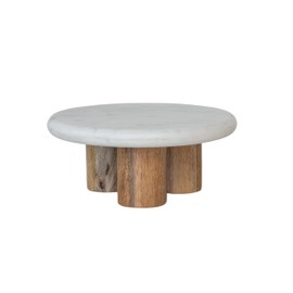 Bloomingville, Natural Round Elevated Marble and Wood Food Pedestal, Medium