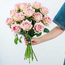 Ttranewsoo Fake Roses Faux Flowers Silk Roses Artificial Roses with Stems Realistic Artificial Flowers 16.5In Suitable for Indoor Home Decoration DIY Bouquet Wedding Decor Party Decor (12PCS, Pink)