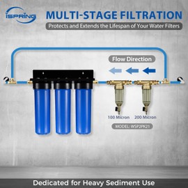 iSpring WSP2PK21 Reusable Whole House Spin Down Sediment Water Filters, Twin Pack with 200 Microns and 100 Microns Filter Sizes, Clear Housing, Lead-Free Brass