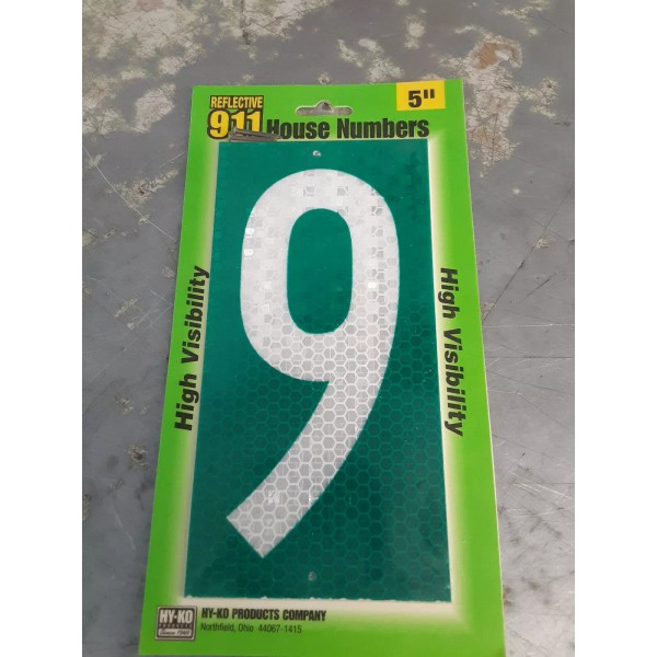 Hy-Ko High Visibility 5" HOUSE NUMBER "9" Reflective 911 Mailbox