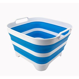 SAMMART 10L (2.64 Gallon) Collapsible Dishpan with Draining Plug - Foldable Washing Basin - Portable Dish Washing Tub - Space Saving Kitchen Storage Tray (White/Aqua Blue/White)