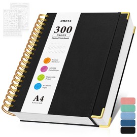 Bullet Dotted Journal Spiral Notebook, 300 Pages Leather Notebooks with Contens, 120 GSM Thick No Bleed Through Paper Journals, A4 Large Dot Grid Notebook for Women Men Work Writing, 8.5" x 11", Black
