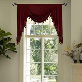 KNEOQIT Burgundy Red Luxury Velvet Curtain Valance, Soft Touch Rod Pocket Valance with Bead Tassels, Waterfall Valance for Dining Living Room, 89 Inch,1 Panel