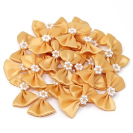 Gold 40mm Mini Satin Ribbon Pearl Bows Decorative Craft Bow Embellishments (10)
