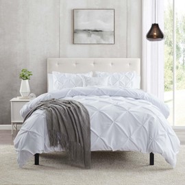 White Duvet Cover Queen Size 3 Piece Pintuck Comforter Cover - 1 Duvet Cover 90x90 Button Closure with 2 Pillow Shams - Ultra Soft Microfiber Bedding Pinch Pleated White Queen Duvet Cover Set