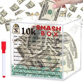 xiheer 10k Smash Box for Money, Large Piggy Bank For Adults 10000 Savings Challenge Box, Money Saving for Cash, Big Unbreakable Clear Acrylic Money Saver Must Break to Open