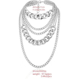Chunky Gold Necklaces for Women, Multilayer Punk 80s Hip Hop Necklace, Layered Cuban Link Chain Statement Necklace, 90s Freaknik Outfit Accessories (Silver)