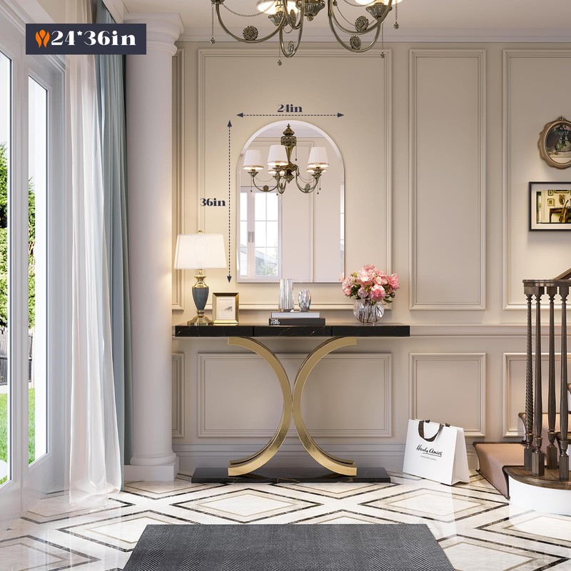 Brauthon Frameless Bathroom Mirror, 24" x 36" Arched Vanity Mirror