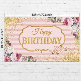 Floral Happy Birthday Backdrop Extra Large Pink Stripes Rose Flowers Glitter Gold Dots Birthday Banner Photography Background for Girl Woman Sweet Birthday Party Decoration, 72.8 x 43.3 inches