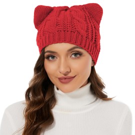 Durio Cat Ear Beanie Hat Crochet Cute Beanie with Ears for Women Teen Girls Kawaii Cat Beanie Red One Size