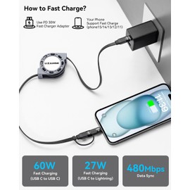 Multi Charging Cable, 2 in 1 Retractable Lightning Charger Cable, PD 60W/27W Fast Charging&Data Transfer Cable, with iOS/Type C Port,Support Car Play/iPhone15/14/13/12/11/Pad/Laptop. (Black)