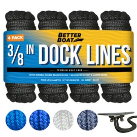 Dock Lines Boat Ropes for Docking, 3/8" Double Braided Mooring Marine Rope, 15ft Nylon Rope with Loop, Black, 4 Pack