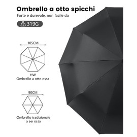 HW CASA Winddichter faltbarer Regenschirm 105 cm mit Knopföffnung, 8 Fiberglasstangen, rutschfester Griff, kompakt und tragbar, Reiseschirm, Regenschirm für Damen und Herren, Schwarz, Schwarz-A,