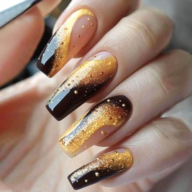 RUOKEXIN Coffin Press on Nails Long Fake Nails Gold Glitter False Nails with Designs Ombre Glue on Nails Sparkly Artificial Nails Long Nail Press ons Cute Stick on Nails for Women 24Pcs