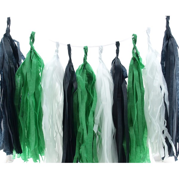 Guirnalda de fútbol, color negro, verde y blanco (juego de 15) – Suministros de fiesta de fútbol, borla de papel de seda deportiva, decoración de fiesta de cumpleaños de primavera