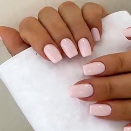 SXVME Uñas postizas cortas a presión, color rosa pálido, con pegamento, uñas postizas brillantes, cuadradas, de gel suave natural para mujer, reutiliz